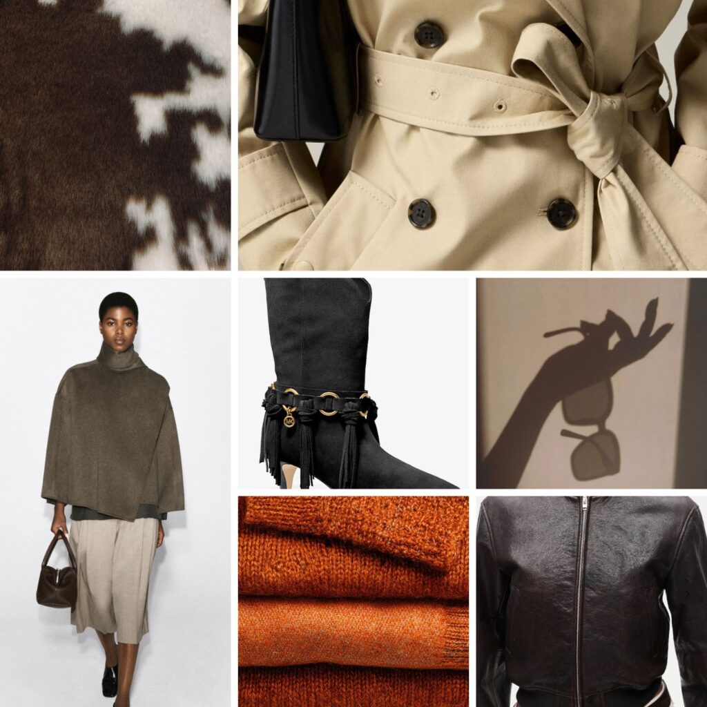 Winter capsule wardrobe in chocolate, camel, black and ivory: wool coat, knit sweater, boots and suede bag